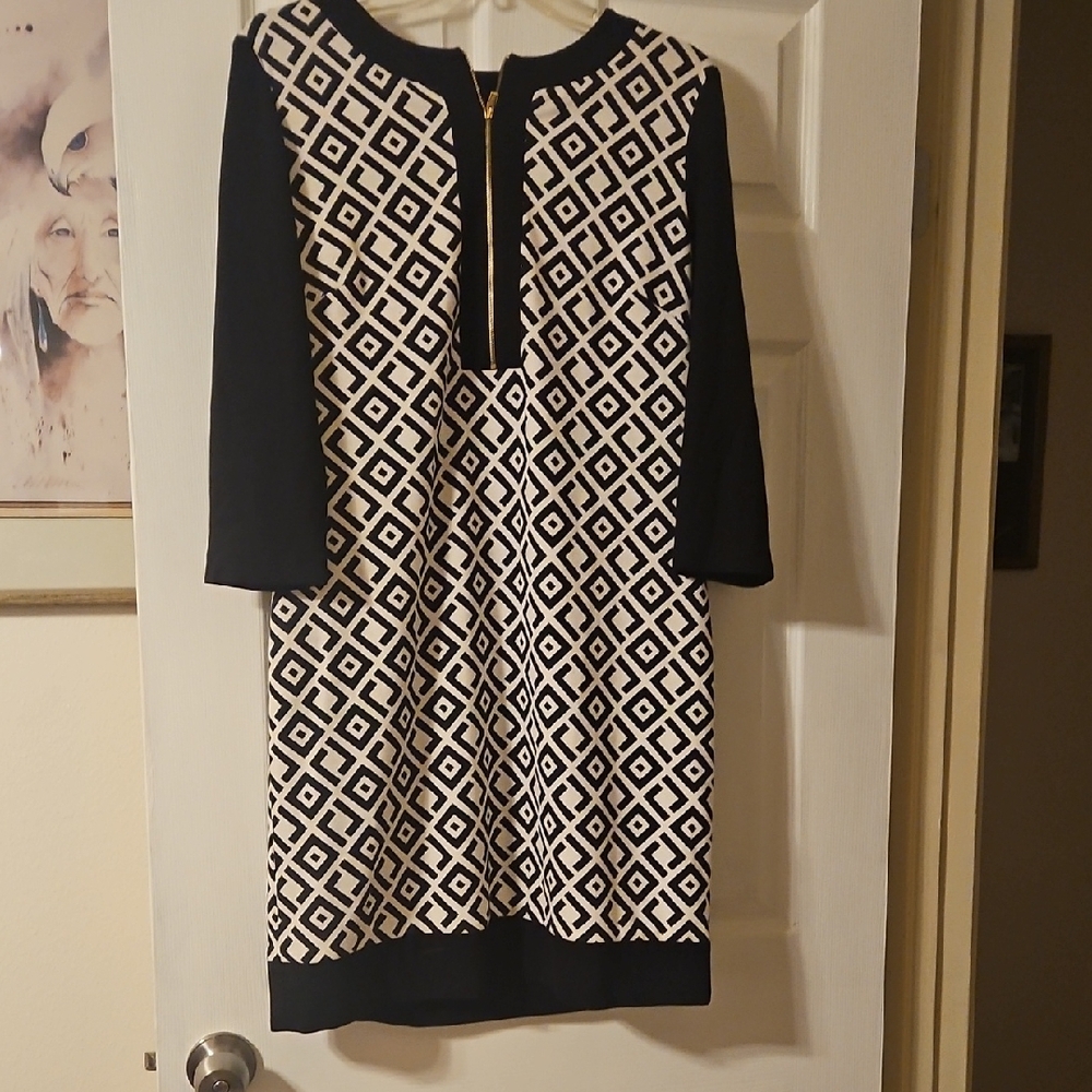 Black and Cream Sheath Dress with 3/4 Sleeves